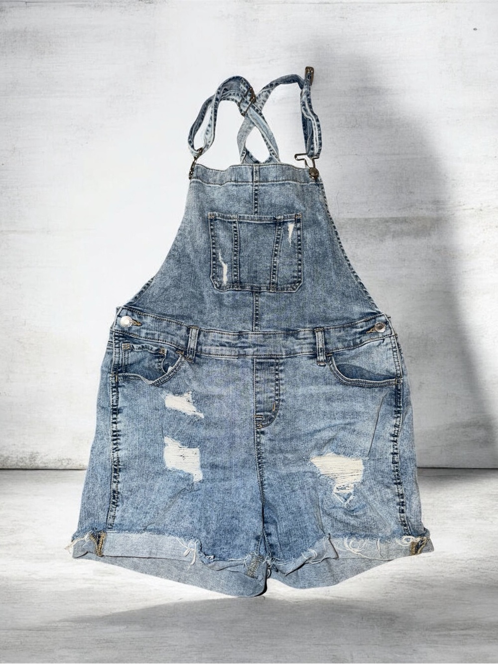 Maurices Washed Blue Distressed Denim Short Overalls